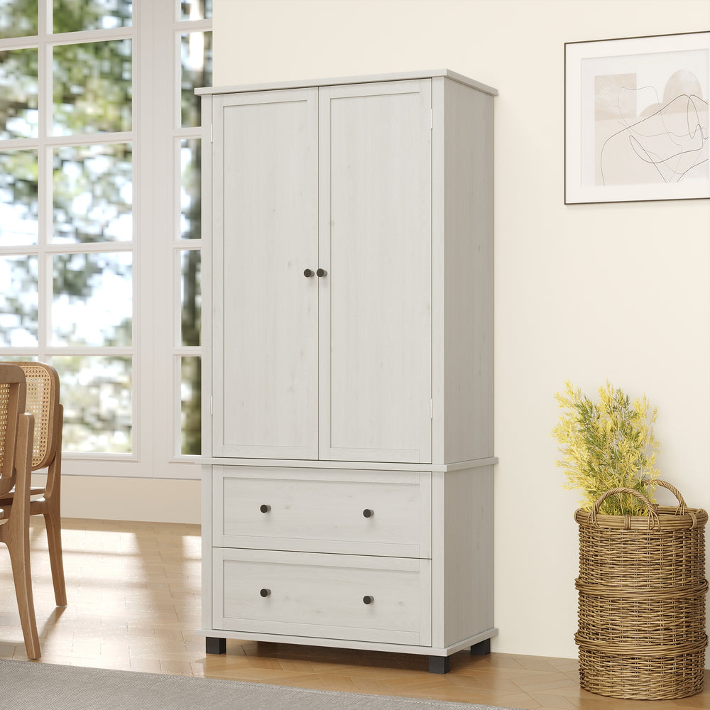 Elegant Pantry Storage Cabinet with Drawers and Shelves in Antique White