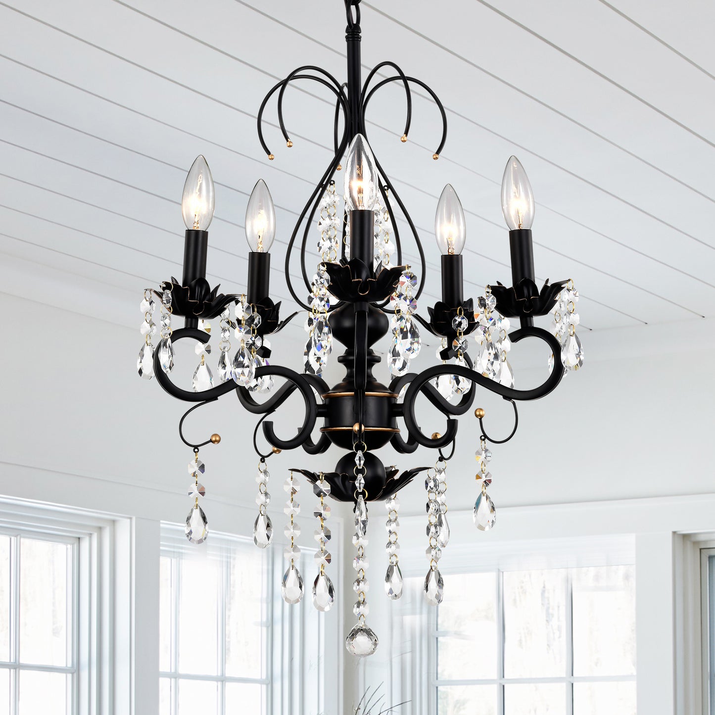 Radiant Vintage Crystal Chandelier - Matte Black & Gold Elegance