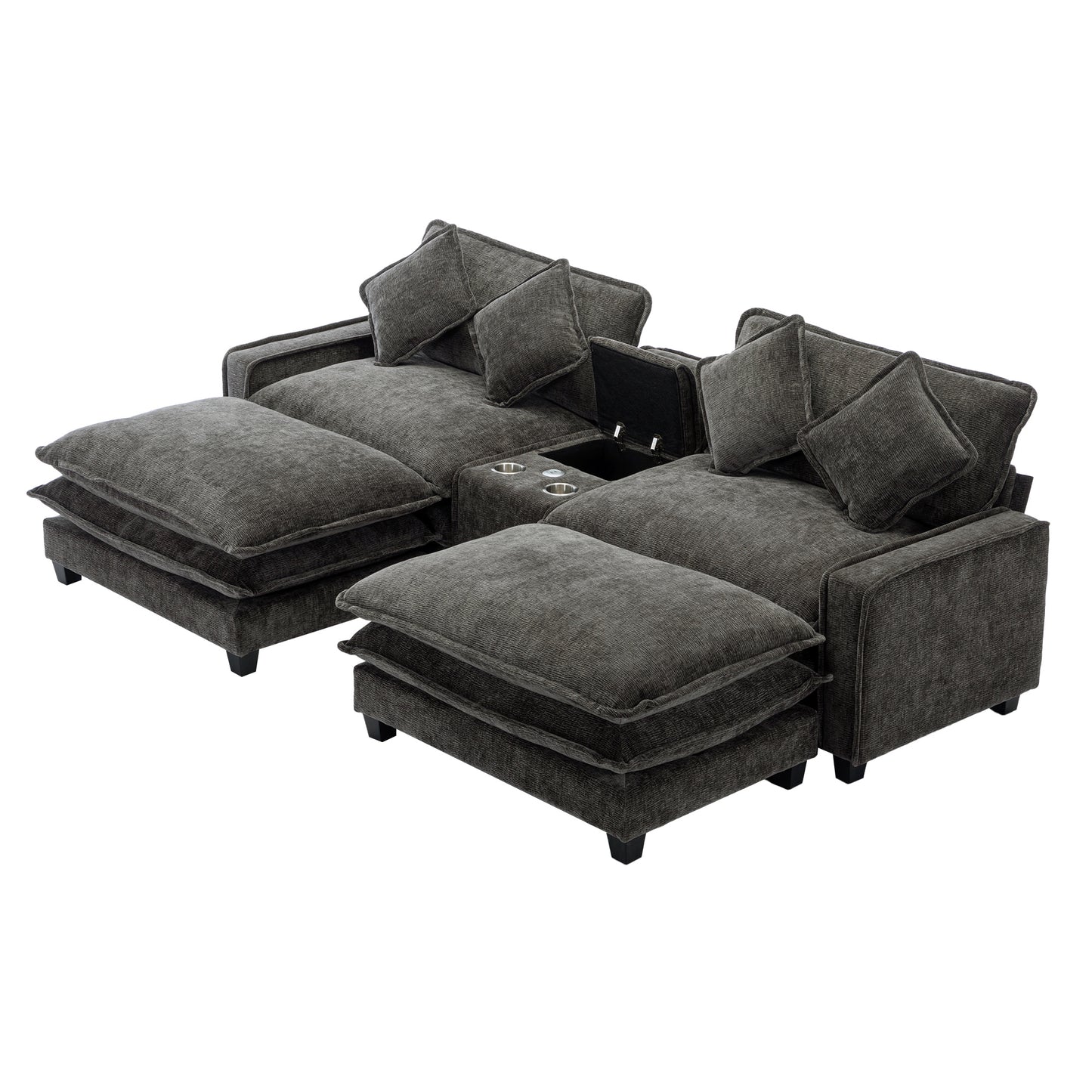 Cozy Black Chenille Sectional Sofa with Ottomans and USB Ports