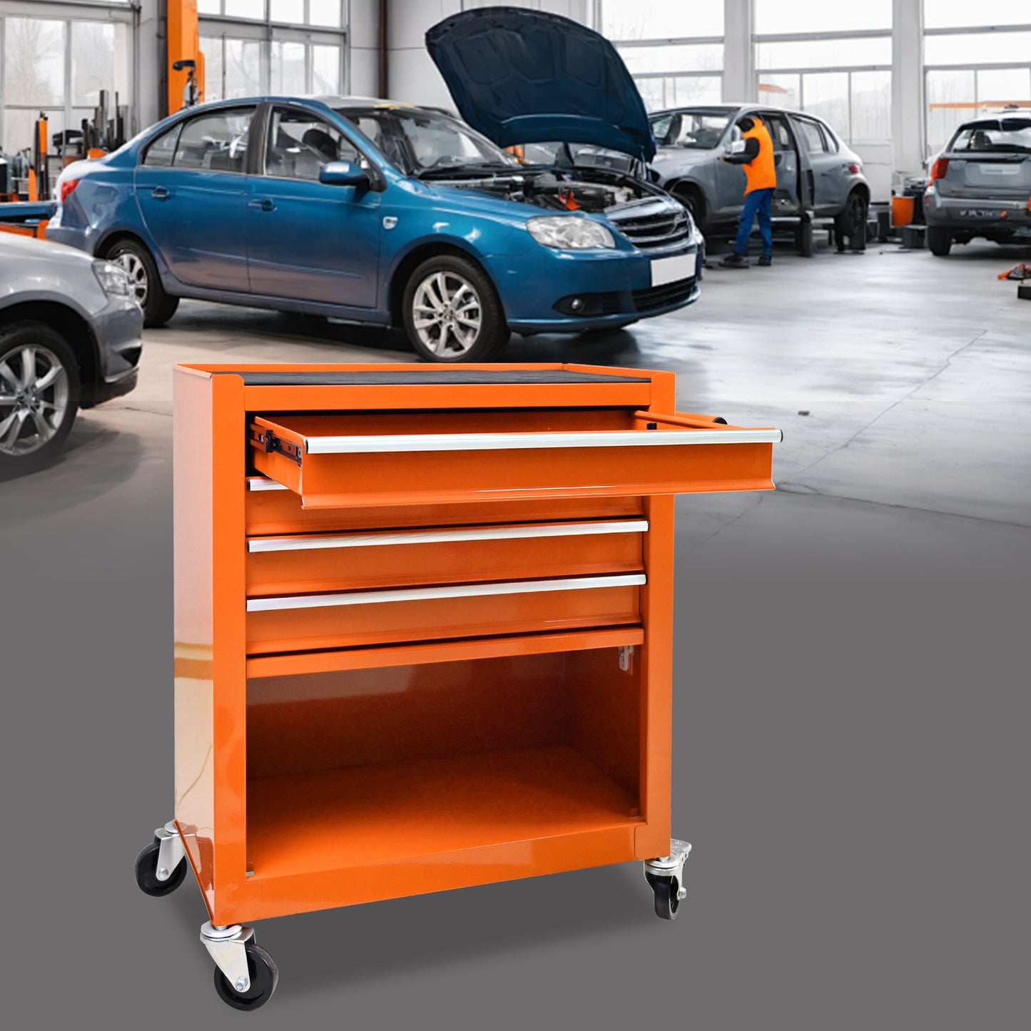 Rolling Orange Tool Cart with 4 Drawers