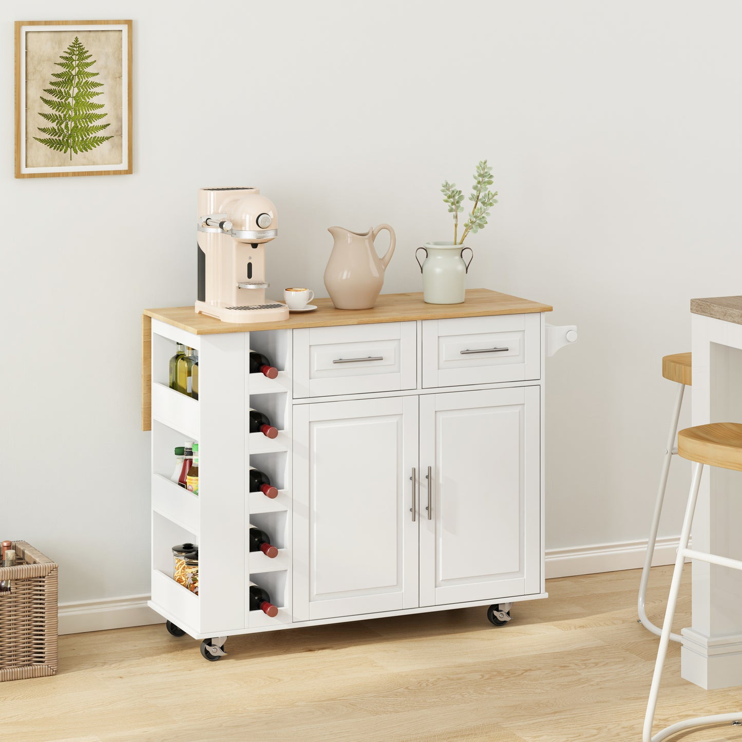 Versatile Kitchen Island Cart with Cabinets & Wine Rack - White