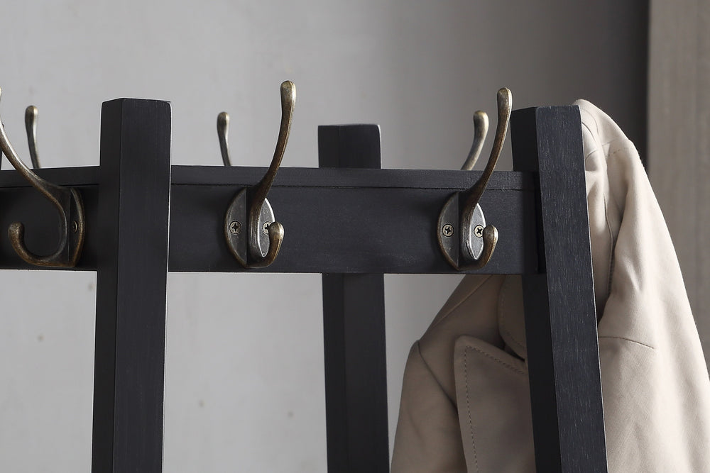 Sleek Black Coat Rack with Storage Shelves