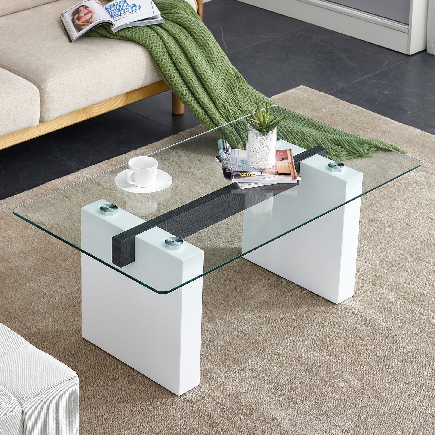 Sleek Glass & White Column Coffee Table