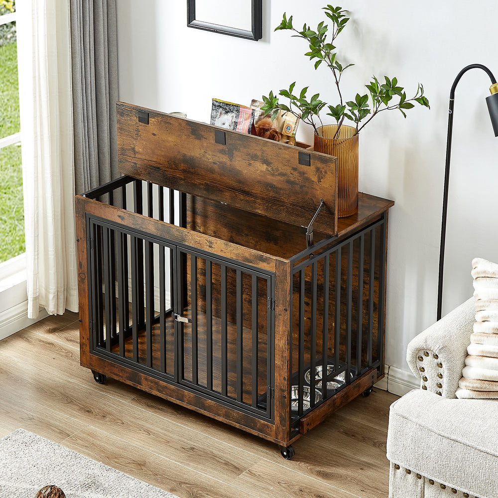 Rustic Pet Haven: Stylish Dog Crate & Feeding Station on Wheels