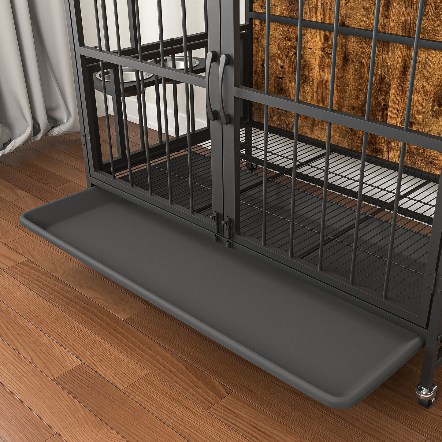 Stylish Dog Crate with Adjustable Feeder and Removable Tray