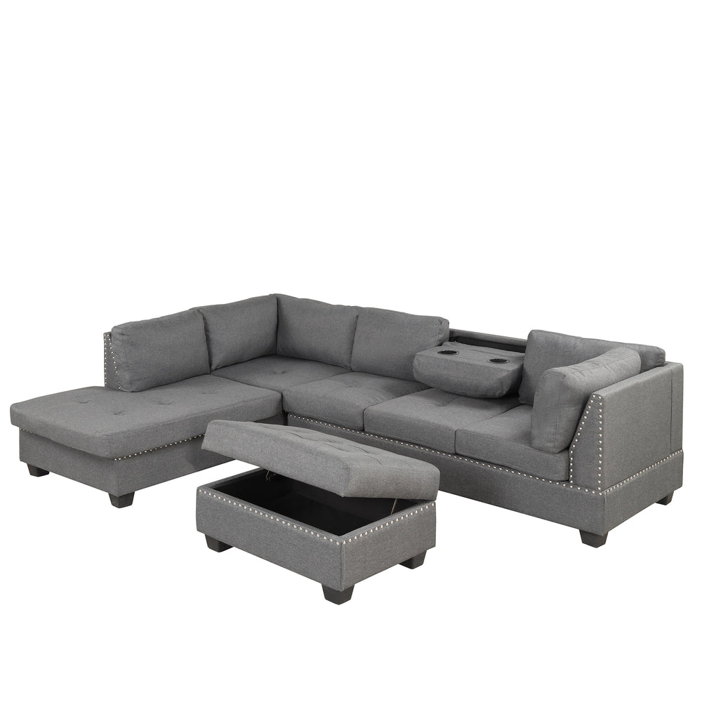 Cozy Gray Reversible Sectional Sofa with Storage Ottoman