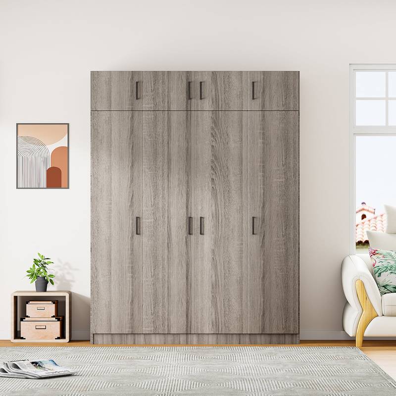 Stylish Gray Four-Door Wardrobe with Drawer and Cabinet