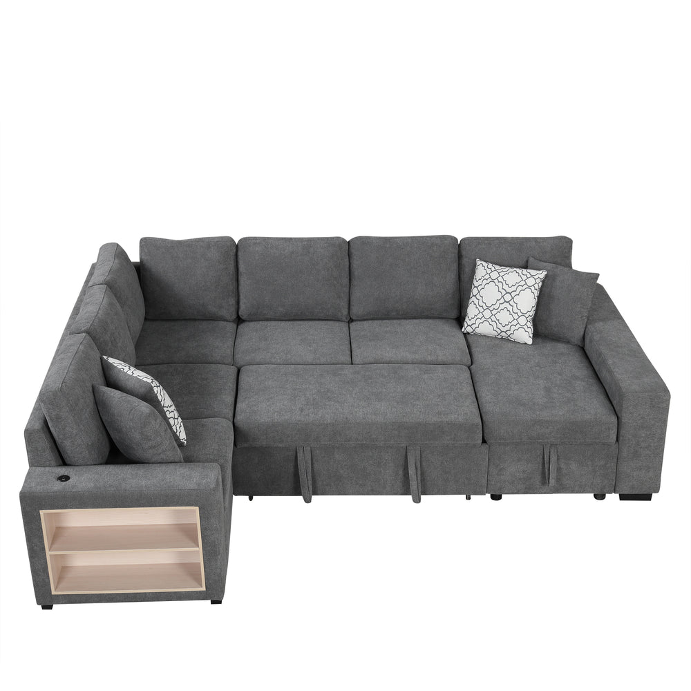 Cozy U-Shaped Sofa Bed with USB Ports & Storage Chaise