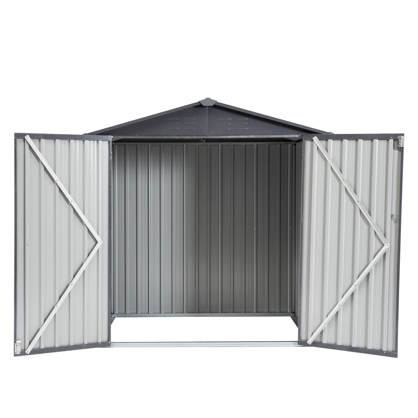 Stylish Gray and White Garden Shed for Outdoor Tool Storage