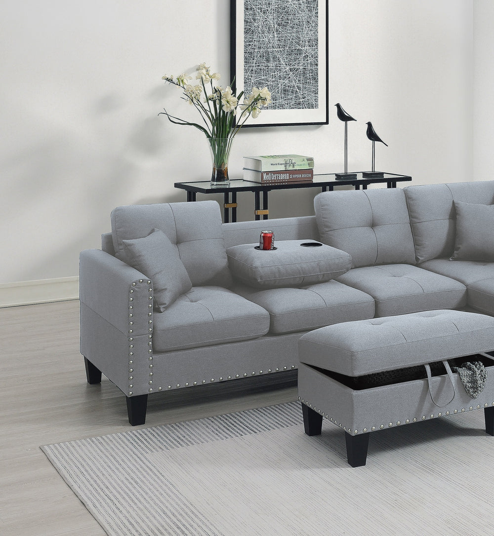 Cozy Taupe Grey Sectional Sofa Set with Storage Ottoman & Cup Holders