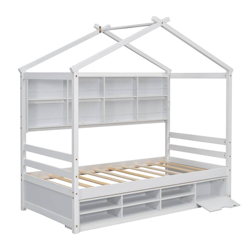 Cozy Twin House Bed with Roof & Storage
