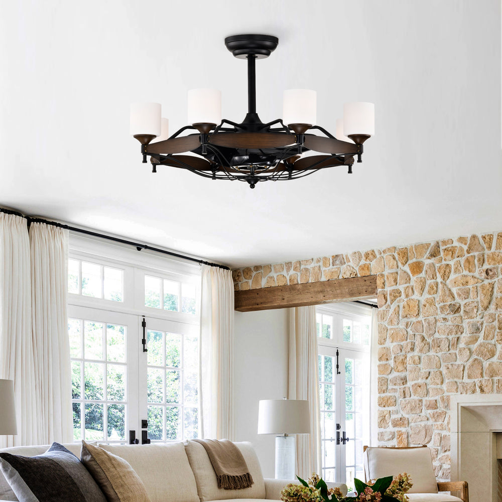 Sleek Matte Black Chandelier Fan with Remote Control