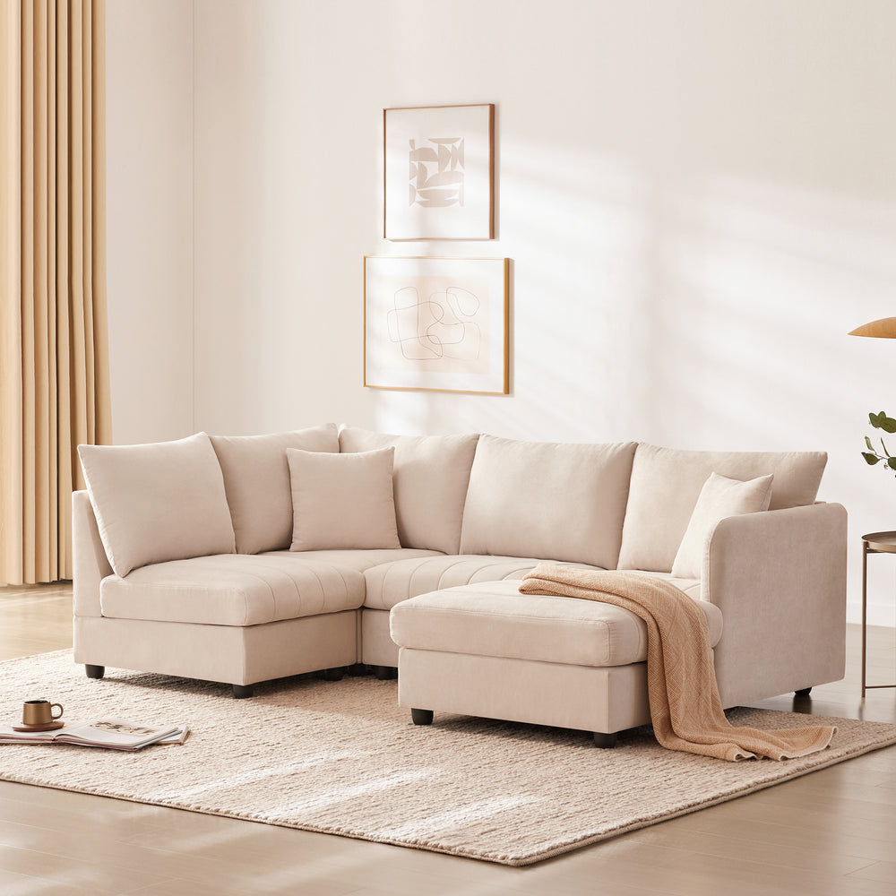 Chic Striped L-Shaped Sofa with Convertible Ottoman