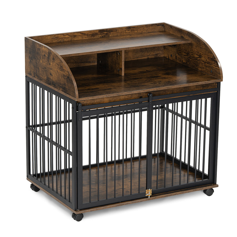 Stylish Heavy-Duty Dog Crate with Wheels and Storage