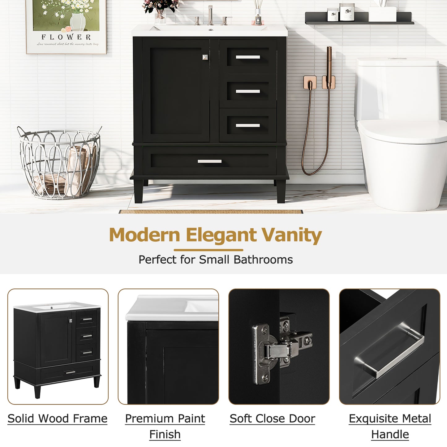 Sleek Black Bathroom Vanity with Sink and Soft-Close Storage