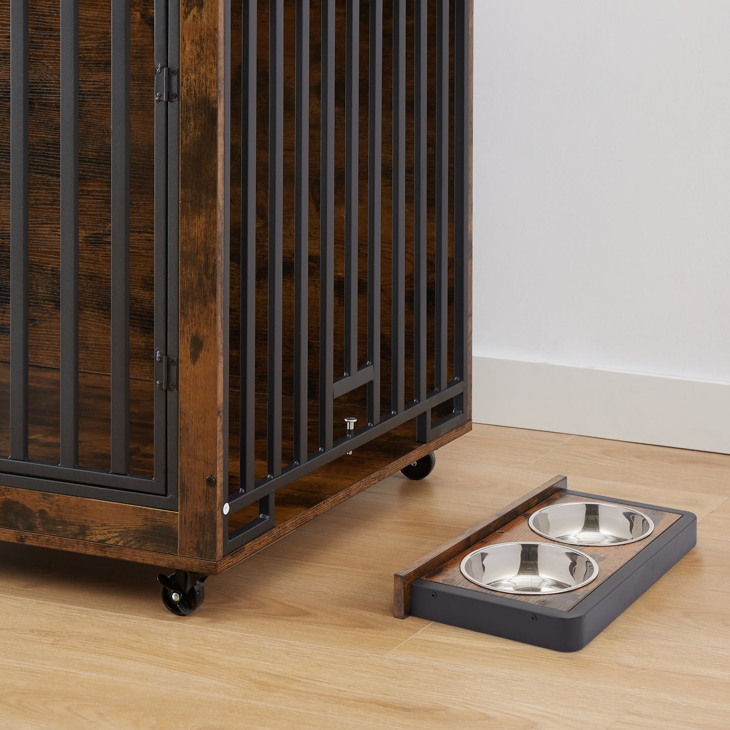 Rustic Dog Crate Side Table with Wheels and Feeding Bowl