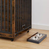 Rustic Dog Crate Side Table with Wheels and Feeding Bowl