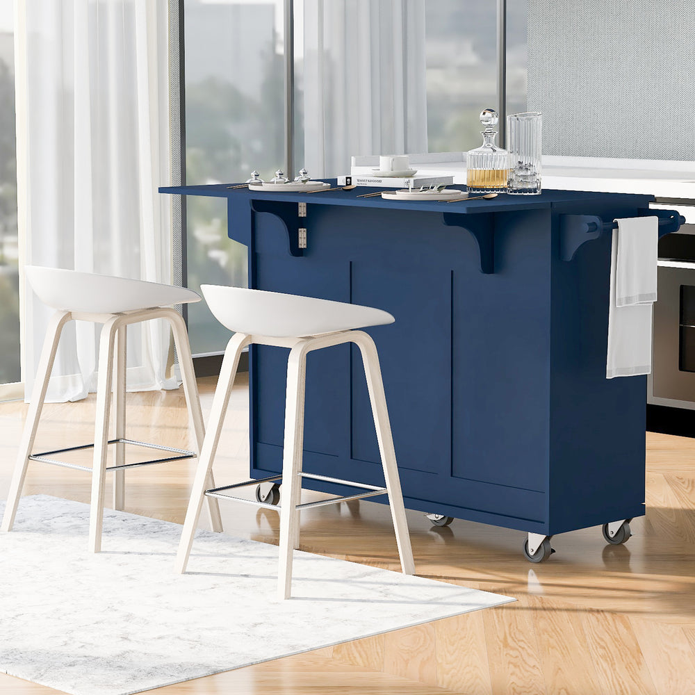 Navy Blue Rolling Kitchen Island with Drop Leaf & Storage