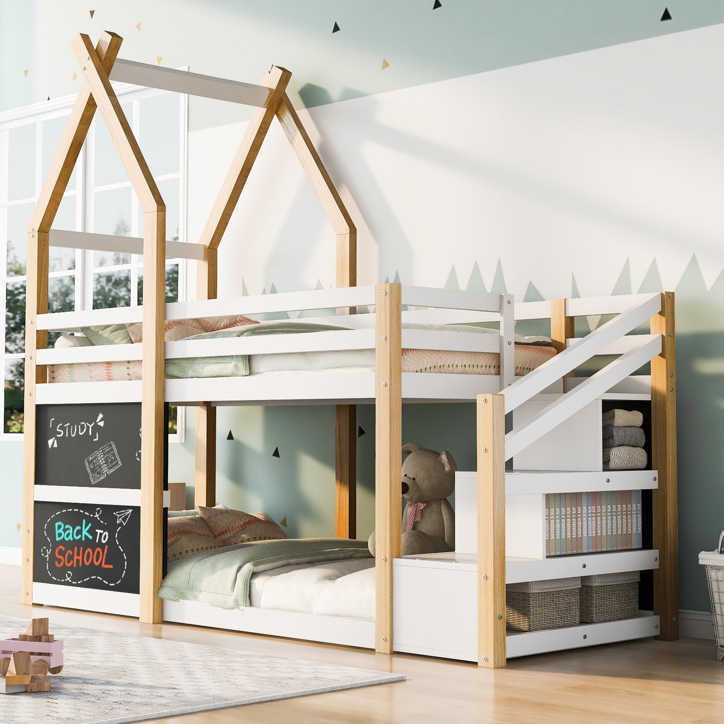 Cozy Twin House Bunk Bed with Storage Steps & 2 Fun Blackboards