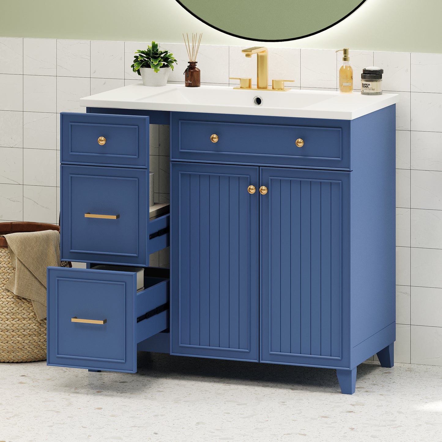 Navy Elegance Bathroom Vanity with Soft-Close Doors and Resin Sink