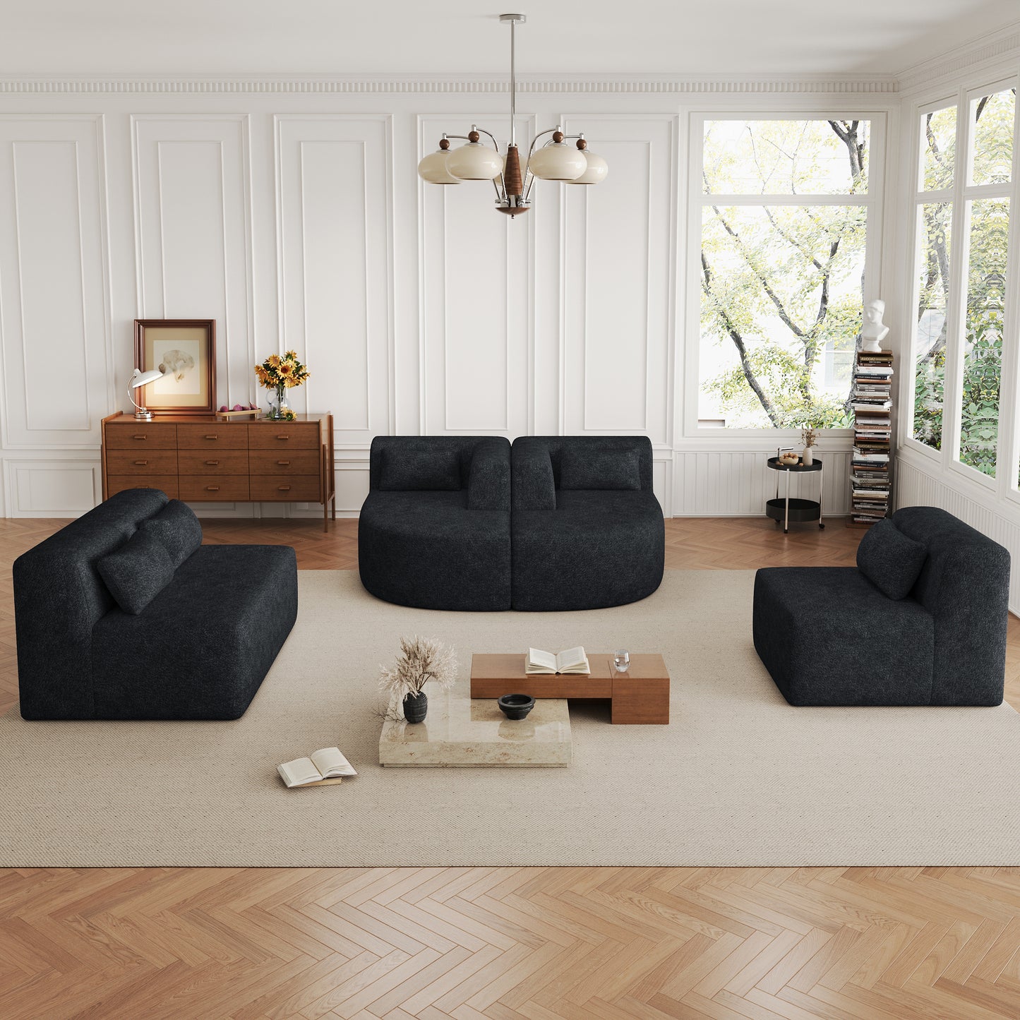 Chic Black Modular Sofa with Loungers and Plush Pillows