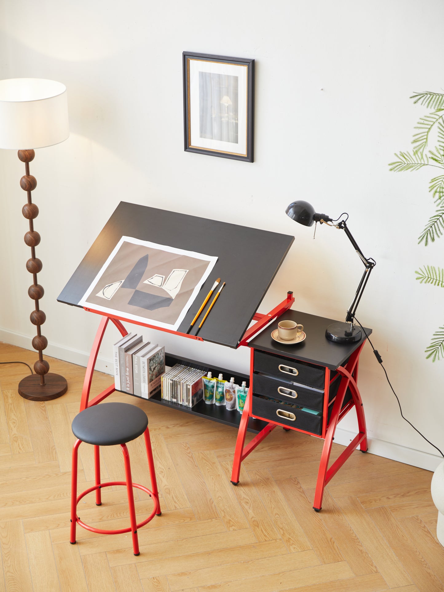 Chic Red Drafting Table Set with Stool