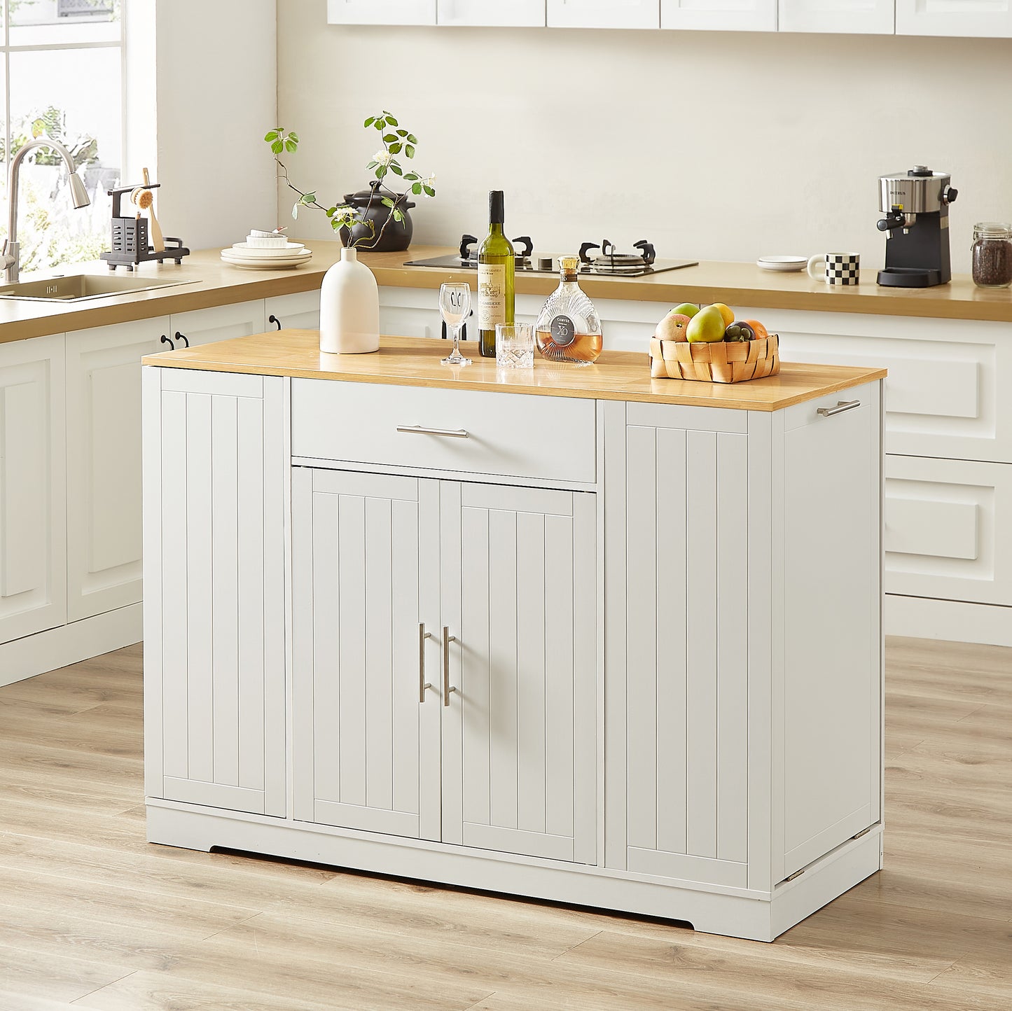 Spacious Kitchen Island with Trash Bin & Storage