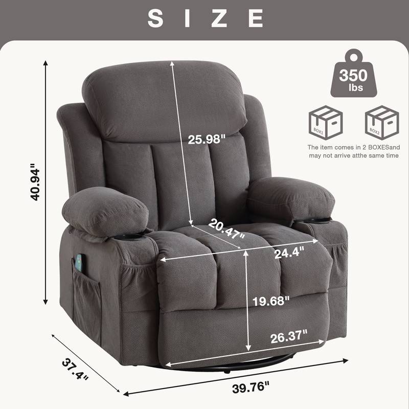 Cozy Heated Massage Recliner with USB and Cup Holders - Grey