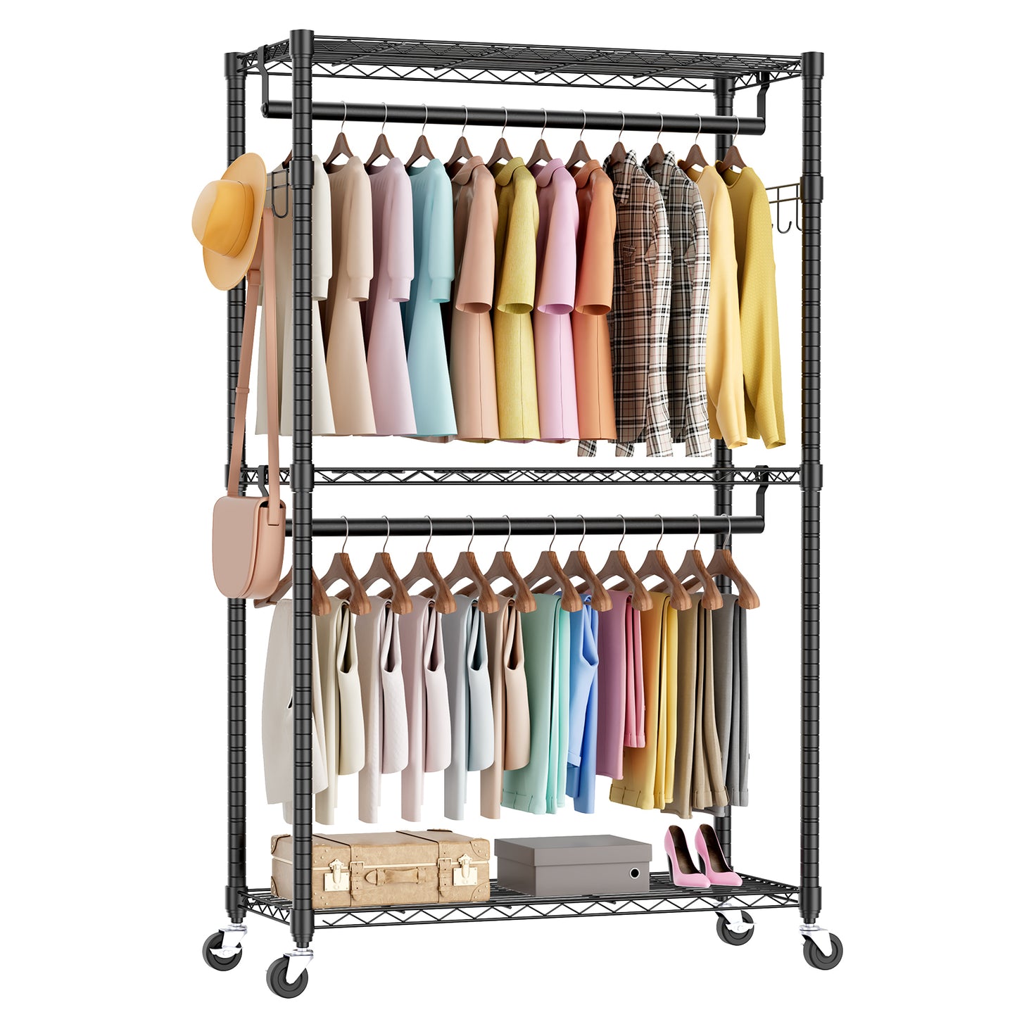 Stylish Rolling Clothes Rack with Adjustable Shelves & Hooks