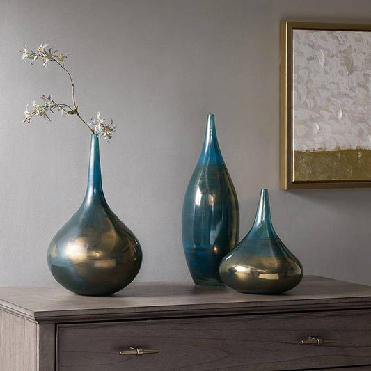 Chic Blue & Bronze Glass Vase Trio