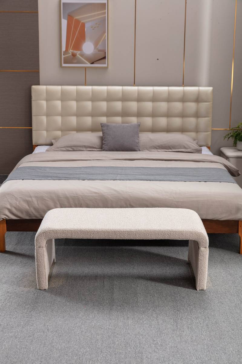 Chic Beige Boucle Ottoman with Gold Legs