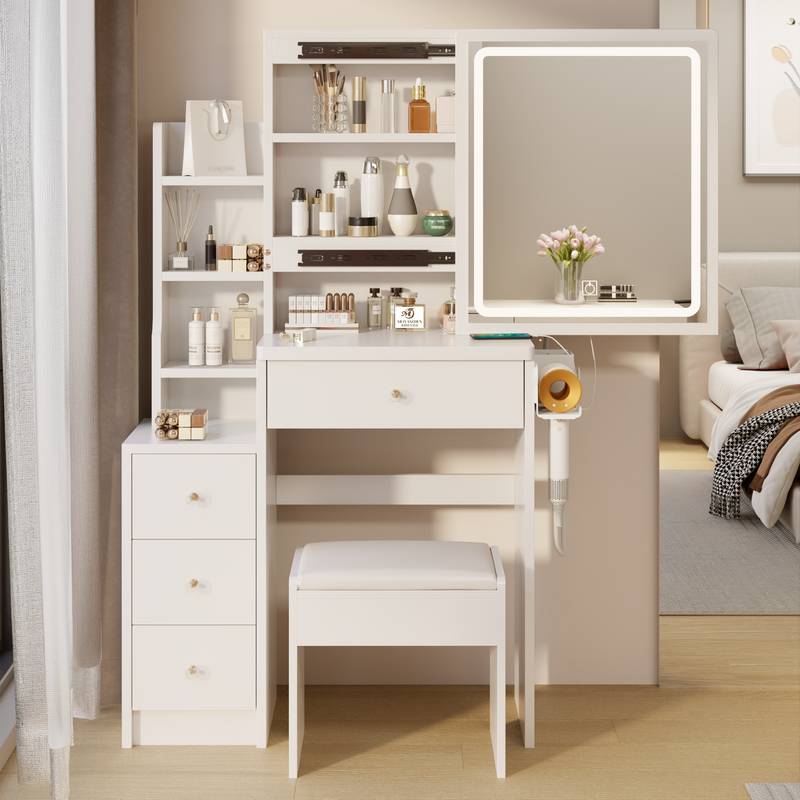 Compact Glam Vanity Set with LED Mirror & Power Stations