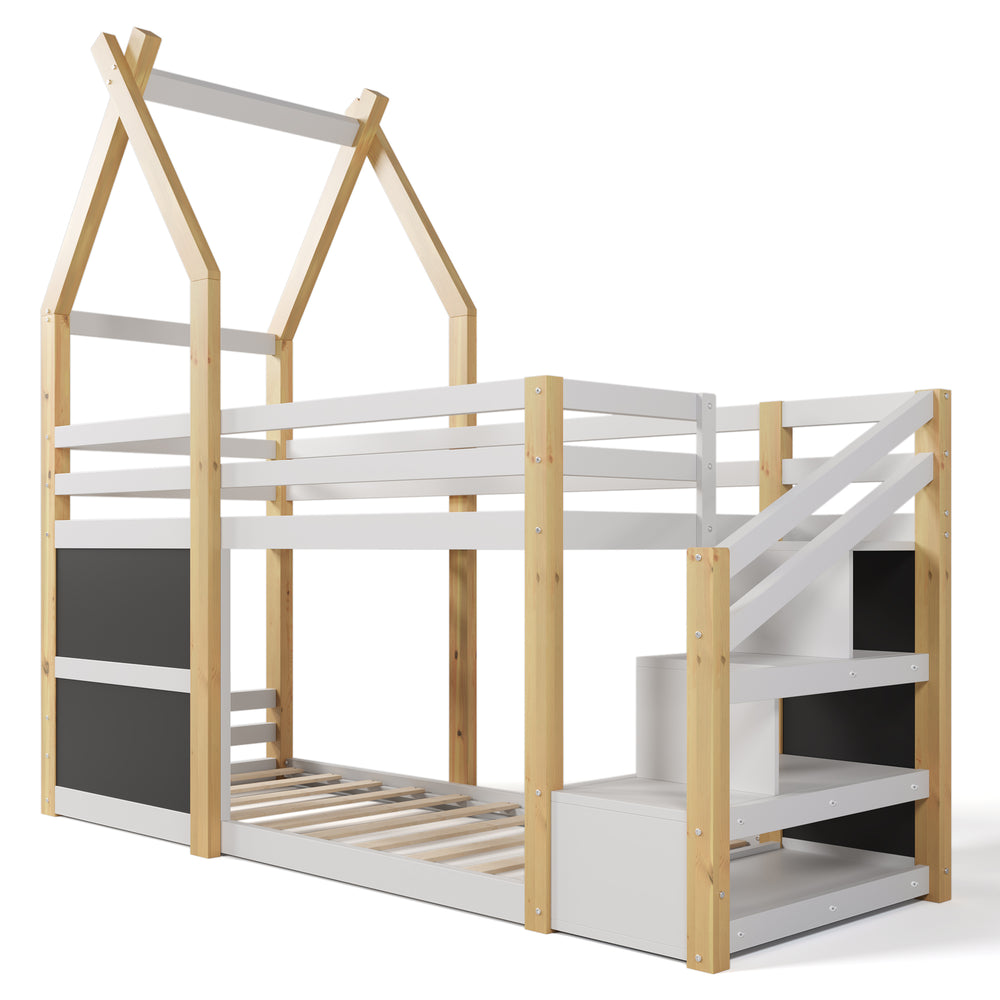 Cozy Twin House Bunk Bed with Storage Steps & 2 Fun Blackboards