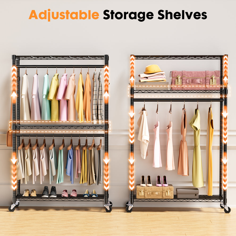 Versatile Rolling Clothes Rack with Adjustable Shelves & Hooks