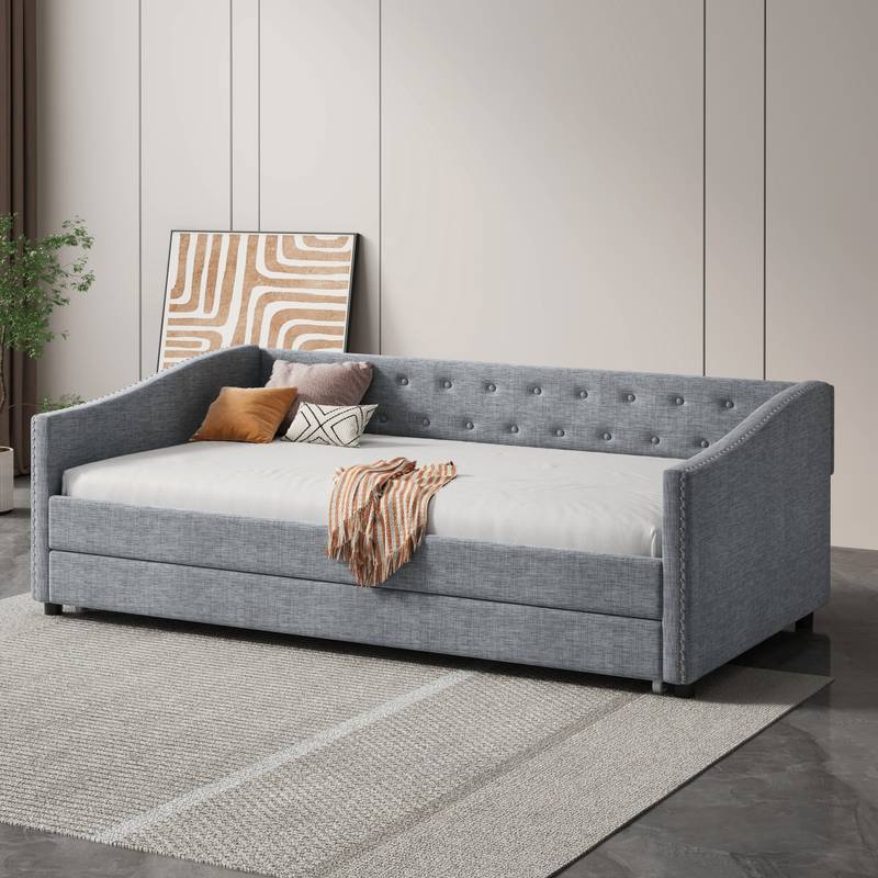 Cozy Grey Twin Daybed with Trundle and Tufted Charm