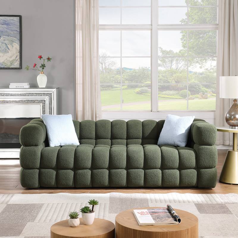 Olive Green Marshmallow Sofa - Cozy 3-Seater Boucle Comfort