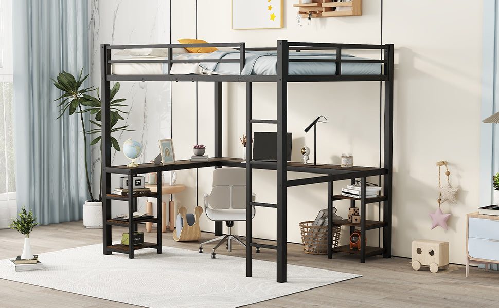 Vintage-Style Loft Bed with Desk & Storage