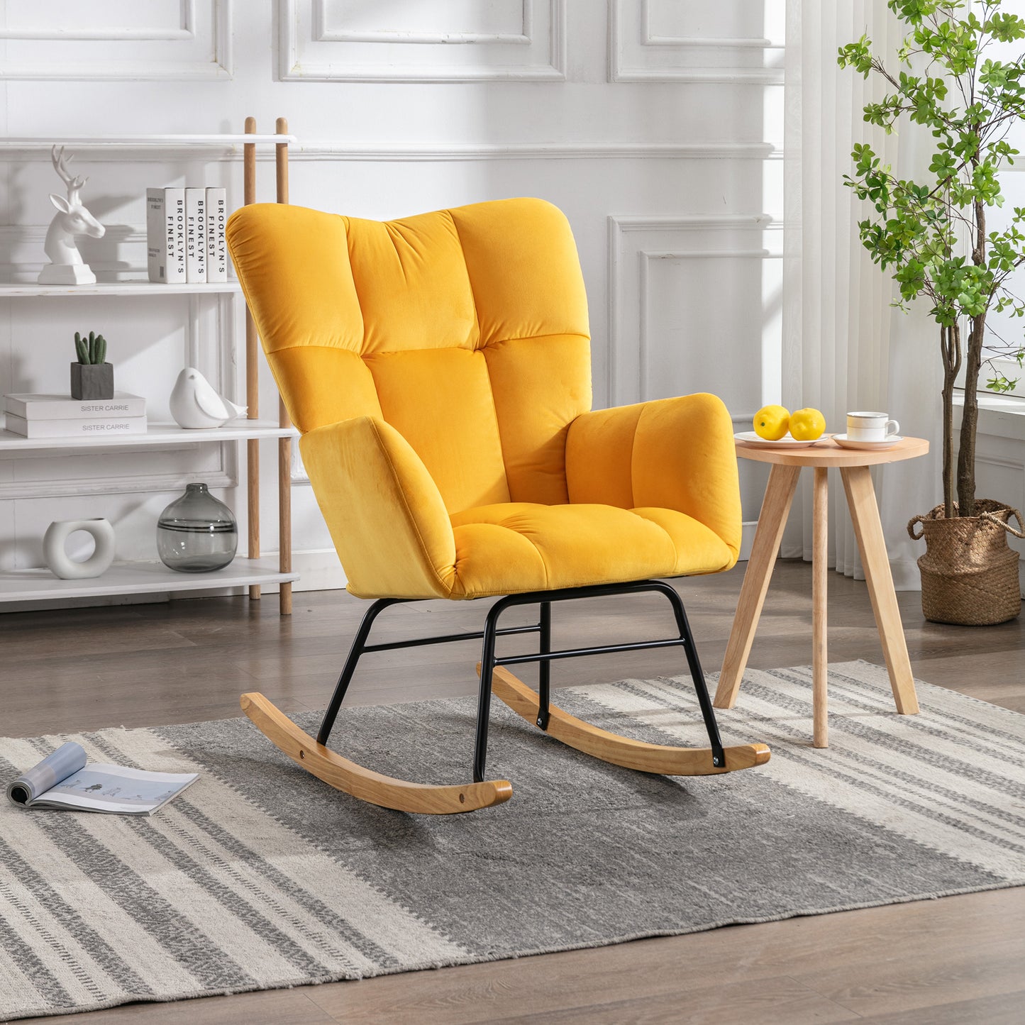 Chic Velvet Rocking Chair - Sunshine Yellow