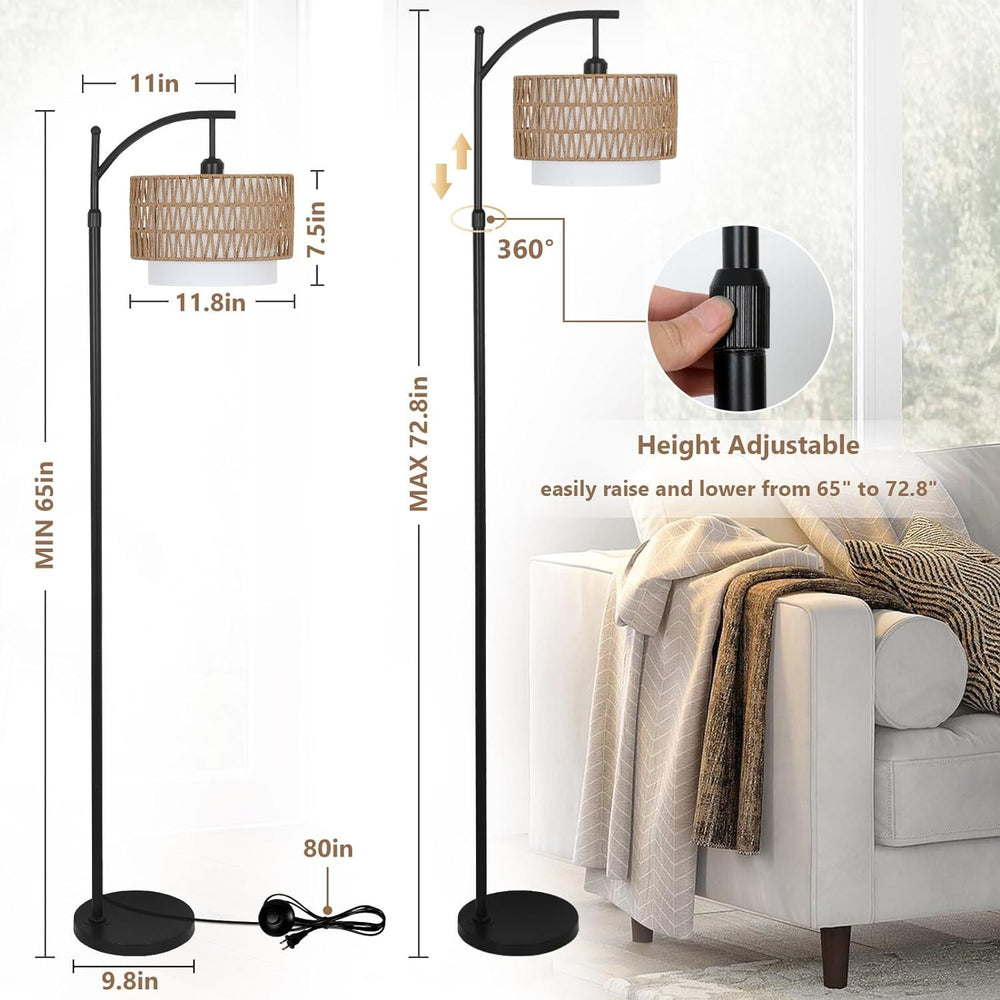 Cozy Arc Floor Lamp with Remote Control and Dimmable Rattan Shades