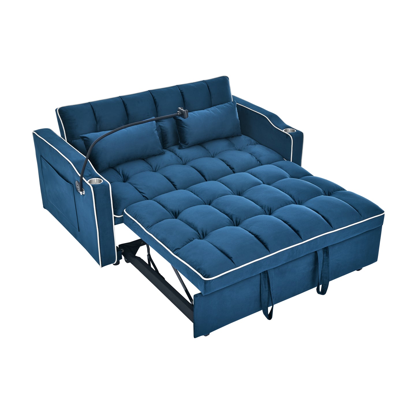 Blue Velvet Dream Sofa Bed: Foldable, Adjustable & USB-Ready