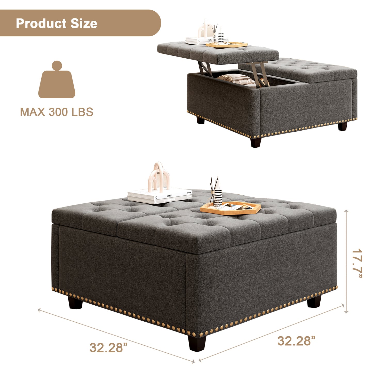 Sleek Storage Ottoman with Chic Nailhead Design