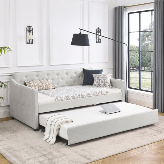 Chic Beige Upholstered Twin Daybed with Trundle