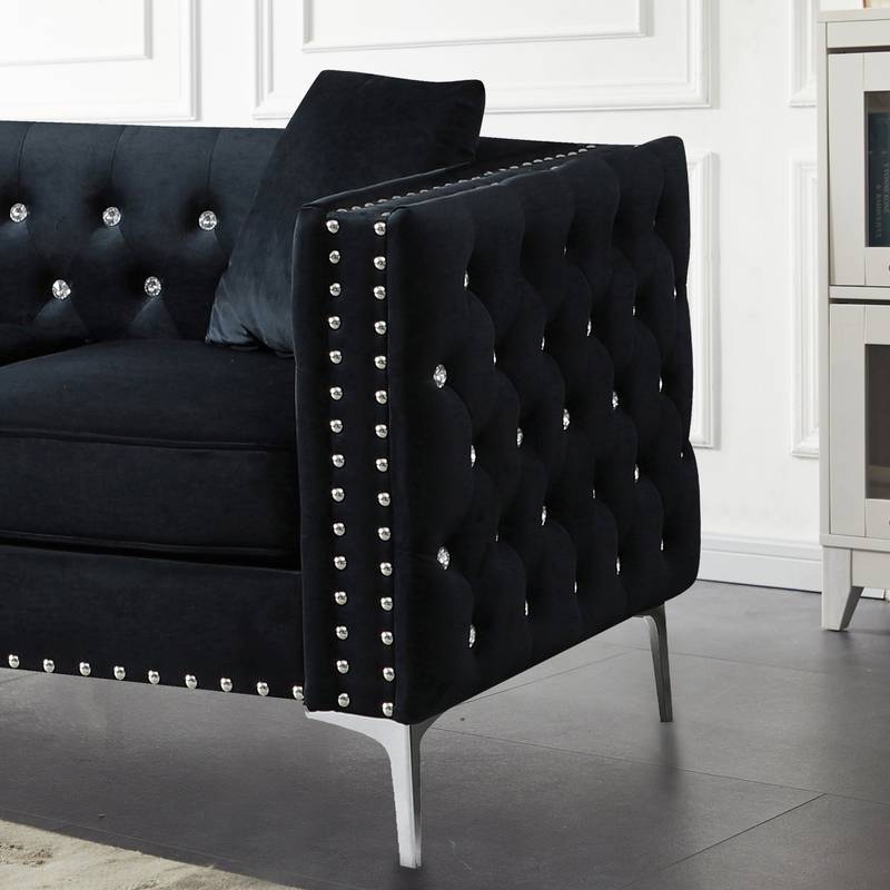 Luxurious Black Velvet Jewel Button Sofa with Pillows