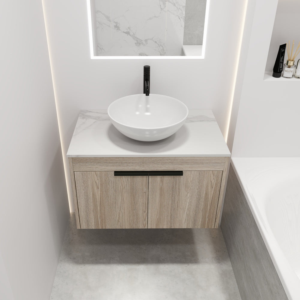 Sleek Oak Wall-Mounted Float Vanity with Ceramic Basin