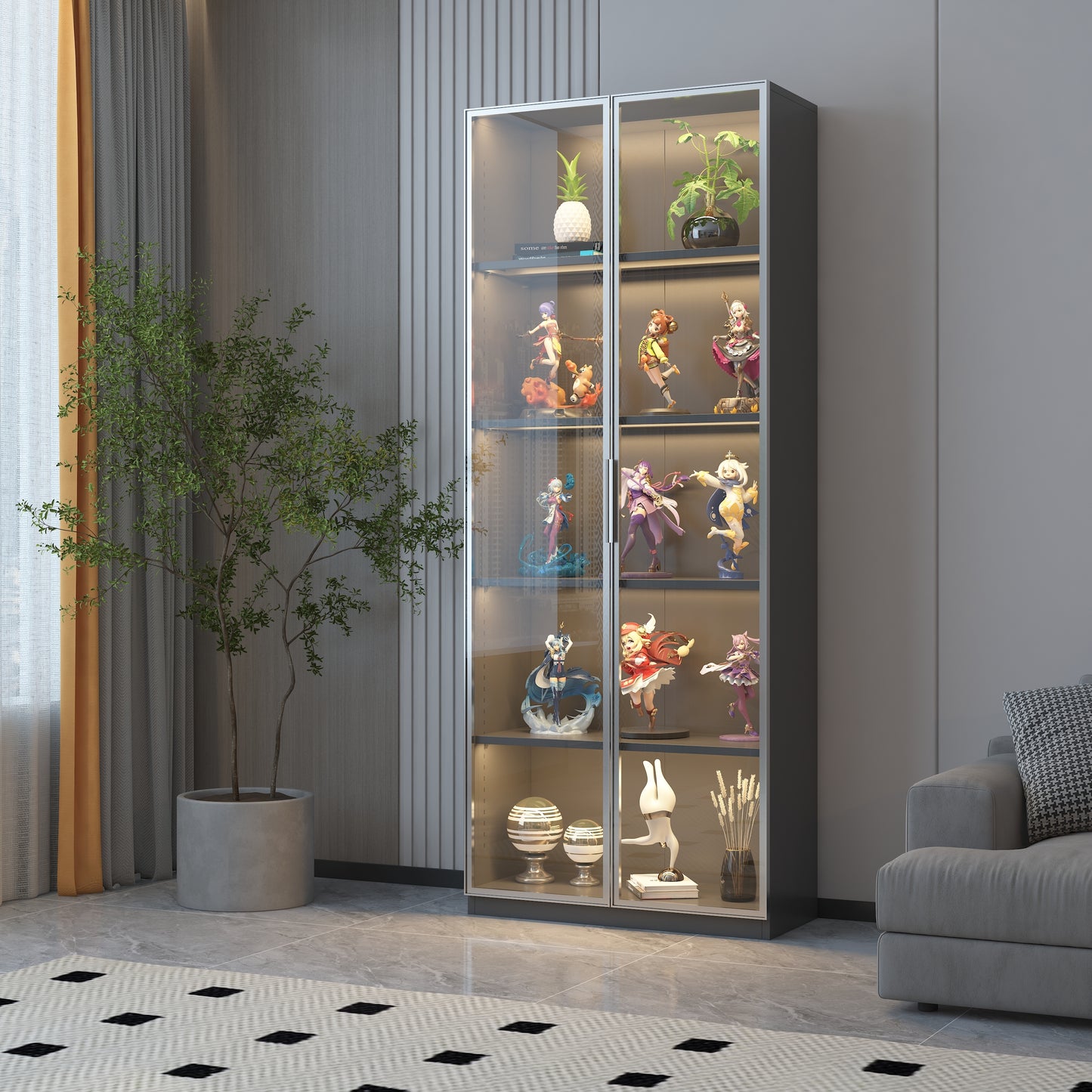 Stylish Double Door Glass Display Cabinet with LED Lights