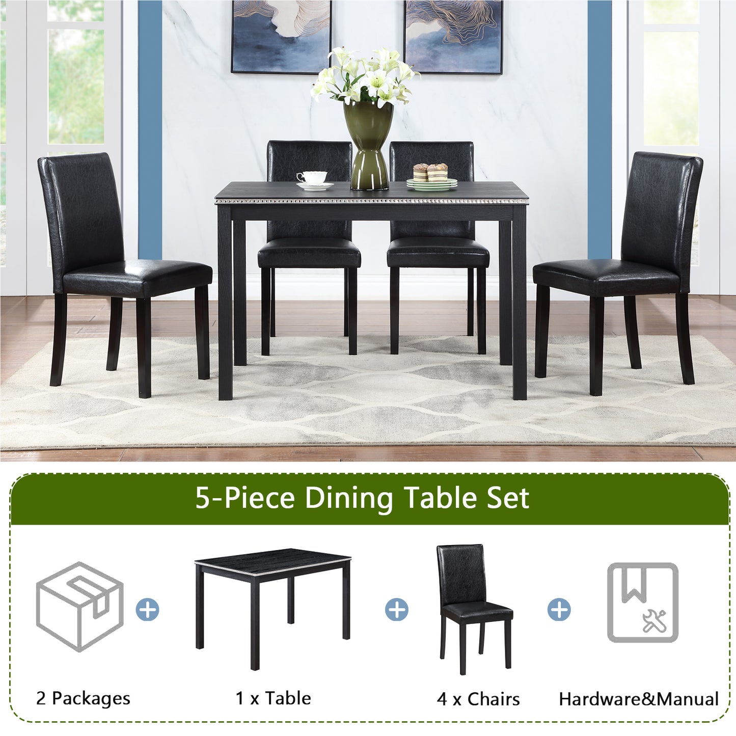 Chic Black Wooden Dining Set with Plush Chairs