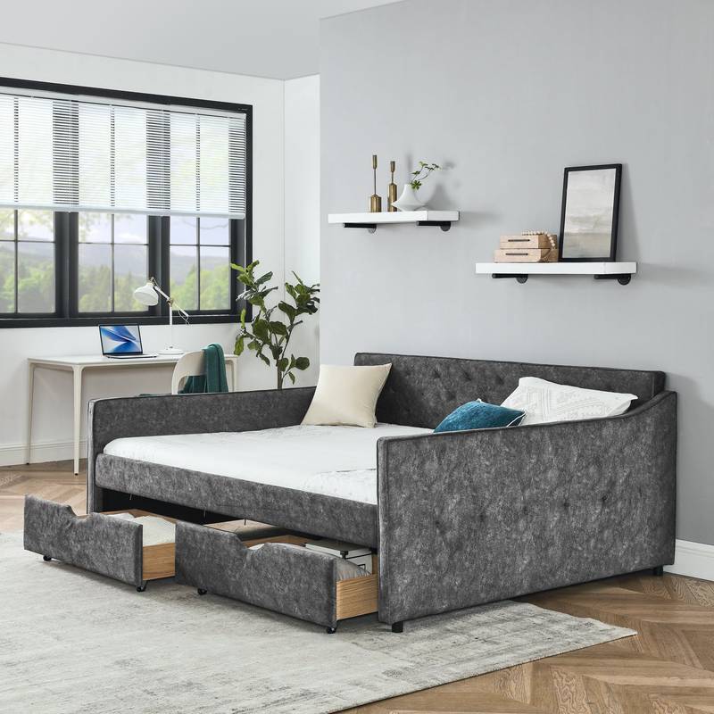Chic Upholstered Queen Daybed with Stylish Storage Drawers