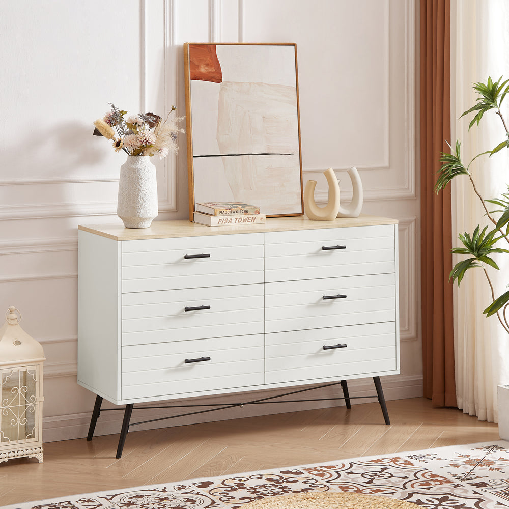 Chic White & Oak 6-Drawer Dresser