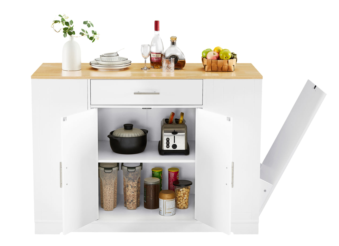 Spacious Kitchen Island with Trash Bin & Storage