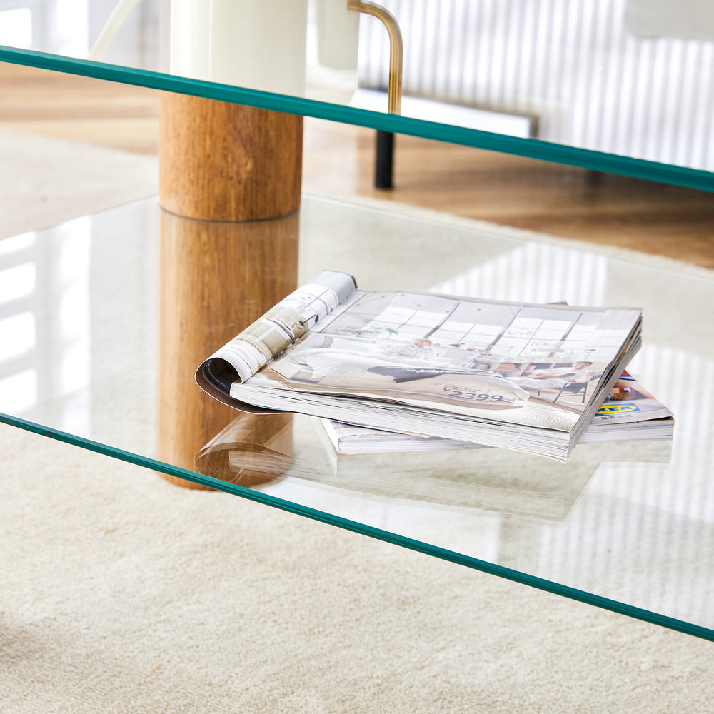 Sleek Dual-Layer Glass Coffee Table with Wooden Accents